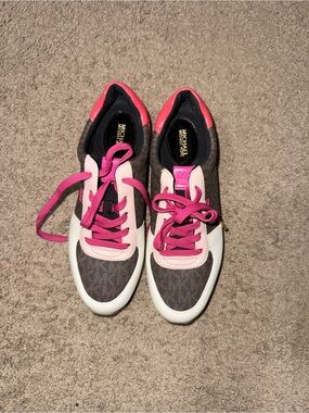 Michael Kors Brown Logo Sneakers with Pink Accents